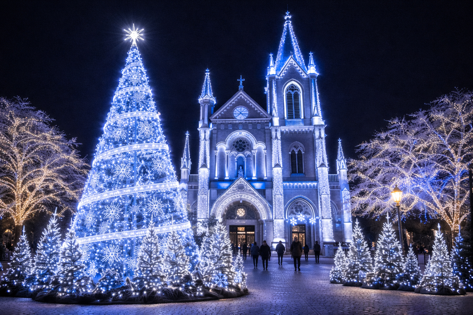 Decoração natalina branco frio com árvore e fachada de igreja iluminada