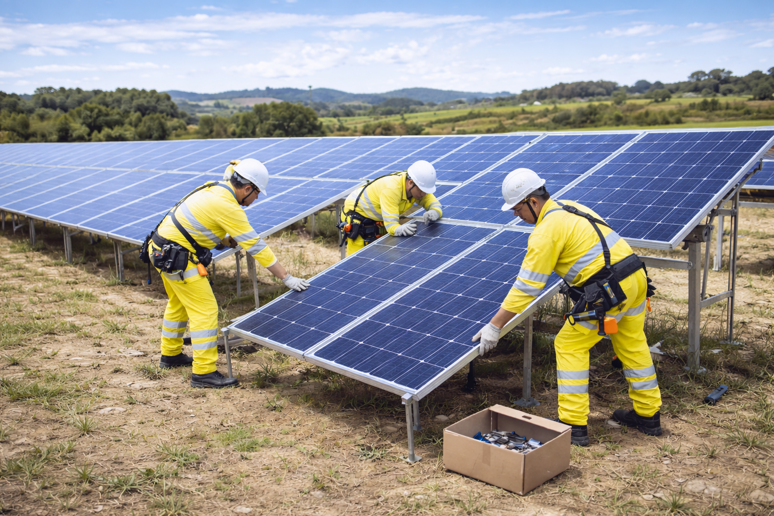 Equipe implantando mini usina fotovoltaica